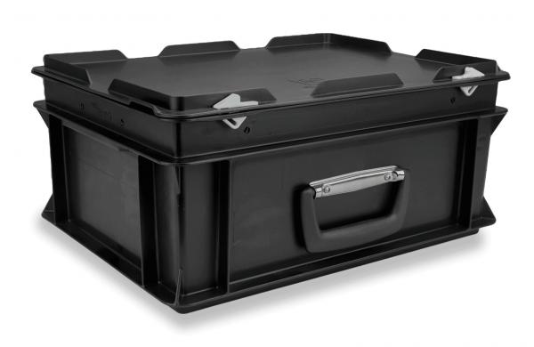 The image shows a black, sturdy storage box with a flat lid and side handles. The box has a rectangular shape and is made of plastic.