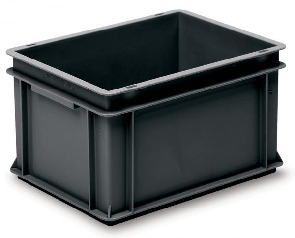Das Bild zeigt eine rechteckige, schwarze Kunststoffbox ohne Deckel. Sie hat glatte Wände, abgerundete Ecken und einen stabilen Boden. Die Box ist praktisch zum Lagern oder Transportieren von Gegenständen.