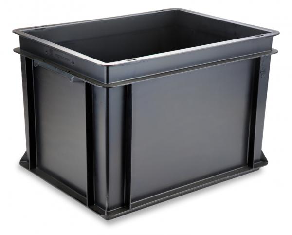 The image depicts a rectangular, black plastic box. It has tall, straight sides and is open at the top. The corners are rounded, and the surface is smooth and shiny.
