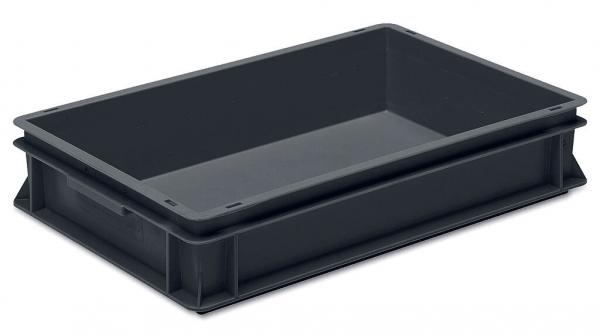 The image shows a rectangular, flat storage box in dark gray. It has straight edges, a sturdy rim, and is empty inside. The surface is smooth and untextured.