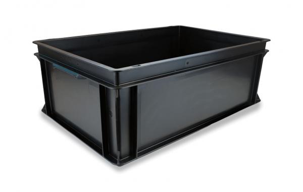 Das Bild zeigt eine rechteckige, schwarze Kunststoffbox mit hohen Wänden. Sie hat eine flache Bodenfläche und ist stabil, ideal zum Aufbewahren oder Transportieren von Gegenständen.