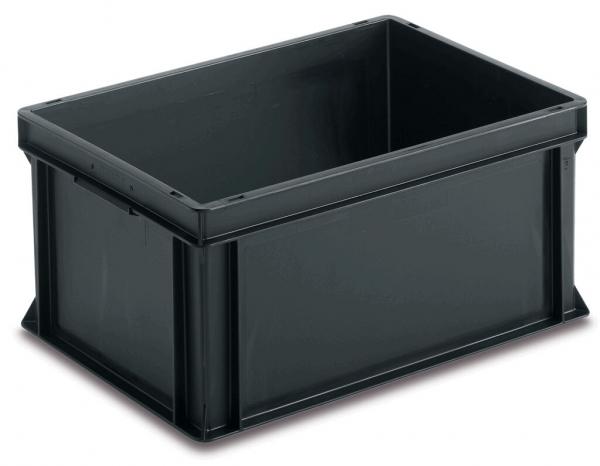 Das Bild zeigt eine rechteckige, schwarze Kunststoffbox ohne Deckel. Sie hat gerade Kanten und einen stabilen Boden, ideal für die Aufbewahrung von Gegenständen.