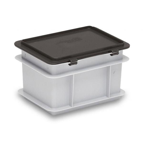 This is a rectangular storage box with a gray body and a black lid. The box has handles and is made of plastic. It appears sturdy and functional.