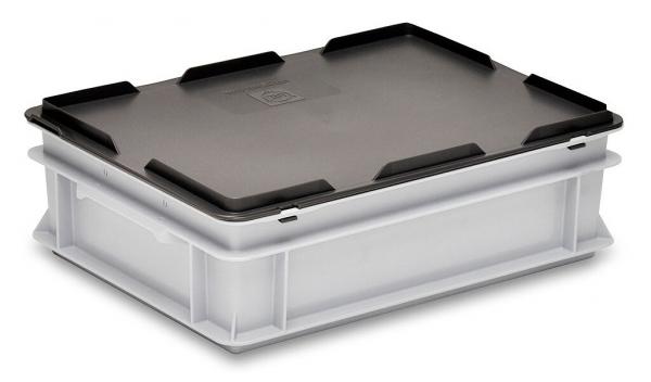 The image displays a rectangular storage box. It has a gray body and a black lid. The box features grippy edges and is sturdily constructed, ideal for storage.