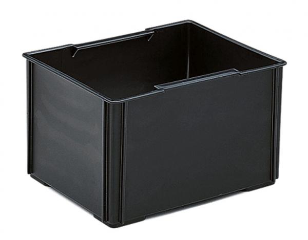 Das Bild zeigt eine schwarze, rechteckige Kunststoffbox ohne Deckel. Sie hat Grifföffnungen an den langen Seiten und ist robust mit geraden Wänden. Der Boden ist flach.
