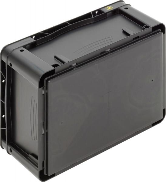 The image shows a black, rectangular plastic box with a smooth surface. It has slightly curved edges and is textured on the sides. The box appears sturdy and robust.