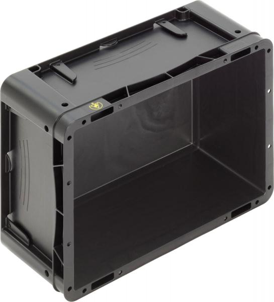 The image shows a black plastic box with a rectangular shape. It has an open front, a flat top, and is sturdily constructed, ideal for storing items.
