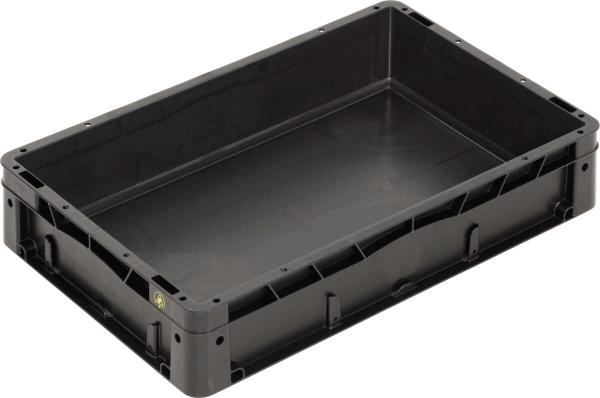 The image shows a rectangular, flat plastic box in black, with open sides and a sturdy bottom. It is lightweight and versatile.
