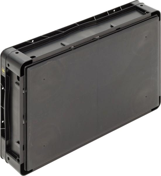 The image displays a rectangular, flat, black plastic container. It has rounded edges and a smooth surface. The container is visible from the side, featuring a sturdy rim.