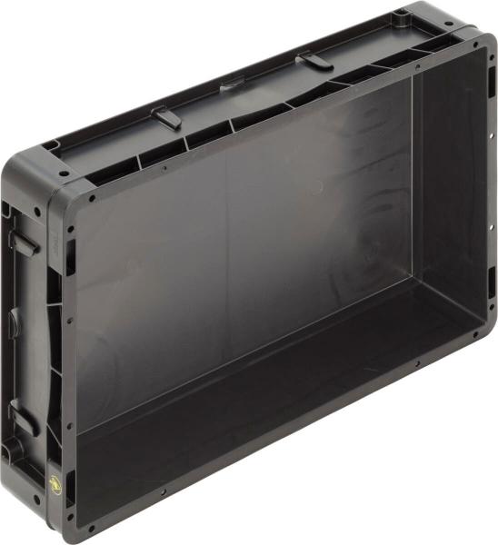 It is a rectangular, black plastic box. It has a smooth surface and on the sides are grips or handles. The box is open and has no lid. It appears sturdy and functional.