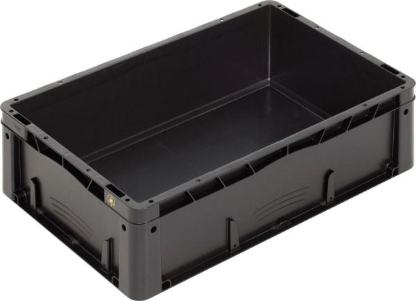 Das Bild zeigt eine rechteckige, schwarze Transportbox aus Kunststoff. Sie hat stabile Wände und einen offenen oberen Bereich. Der Boden ist flach, und die Ecken sind abgerundet.