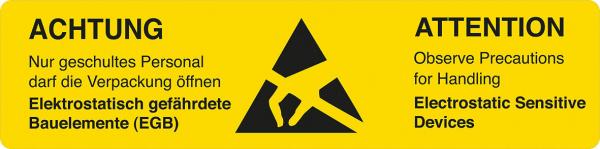 The image shows a yellow warning sign with black text. On the left side it reads "ACHTUNG" and on the right side "ATTENTION". In the center is a warning symbol with three triangles.