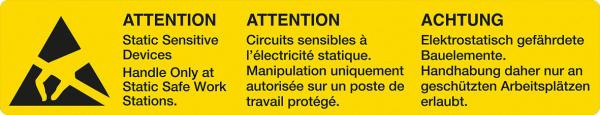 The image shows a yellow warning sign indicating that electrostatic sensitive devices may only be handled at special workstations. It is written in English, French, and German.