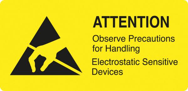 The image shows a yellow warning sign with a black triangle. Inside, there is a hand depicted holding a pen. Below it reads: "Caution! Precautions for handling electrostatically sensitive devices."