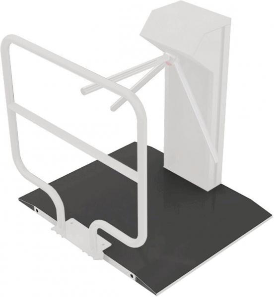 The image shows a white elevator cabin with a large black base. On the left side, there is a railing attached to the cabin. The design is modern and functional.