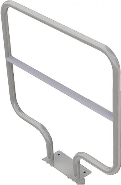 The image depicts a rectangular, freestanding metal railing. It features a top arch and a horizontal bar in the middle, with a sturdy base for mounting.