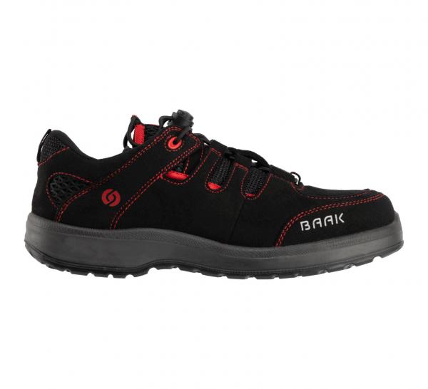 The shoe is sporty, black with red accents. It has a flat, rubberized sole and is lightly padded. The laces are elastic, and the material appears sturdy.
