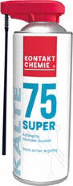 The image shows a spray can with a red cap. It reads "KONTAKT CHEMIE 75 SUPER" in blue lettering. The can is white with a simple, clear design and a long spray tube.