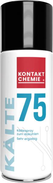 Das Bild zeigt eine Spraydose mit schwarzem Deckel und weißem Körper. Auf der Dose steht in roter und blauer Schrift ?KONTAKT CHEMIE 75 KÄLTE?. Die Dose ist wahrscheinlich ein Kältespray.