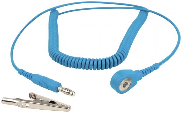 The image shows a blue, spiral-shaped cable with a clip on one end and a round connection on the other side. It is probably used for grounding or connecting.