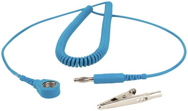 The image shows a blue coiled cable with a spiral cord. At one end there is a cable connector, and at the other a handle with a clamp.