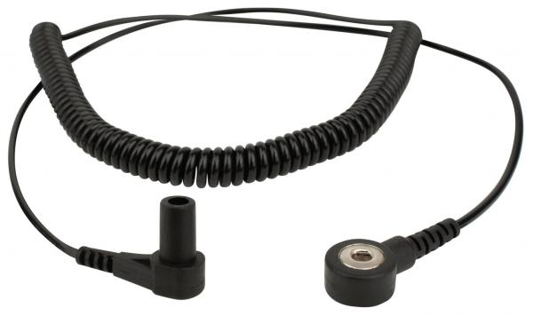 Das Bild zeigt ein schwarzes, spiralförmiges Kabel mit zwei Anschlüssen. Ein Ende ist gerade und das andere hat eine runde, flache Verbindung. Es ist flexibles Material.