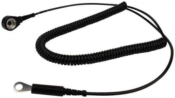 The image shows a coiled black cable. At one end, there is a round plug, and at the other end, a flat eyelet. The cable appears flexible and is about one meter long.