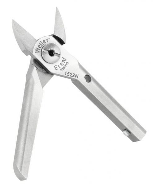 The image shows a small, metal pair of tweezers with sharp, pointed blades. The handles are flat and ergonomically shaped, ideal for precise tasks.