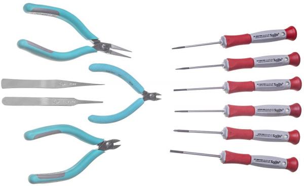 The image displays a collection of tools: On the left are two pliers and two tweezers with blue handles. On the right, there are seven screwdrivers with red and silver handles arranged.