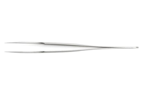 The image shows a long, narrow pair of pliers made from shiny metal. It has two narrow, pointed tips and a straight, thin handle. Ideal for gripping small objects.
