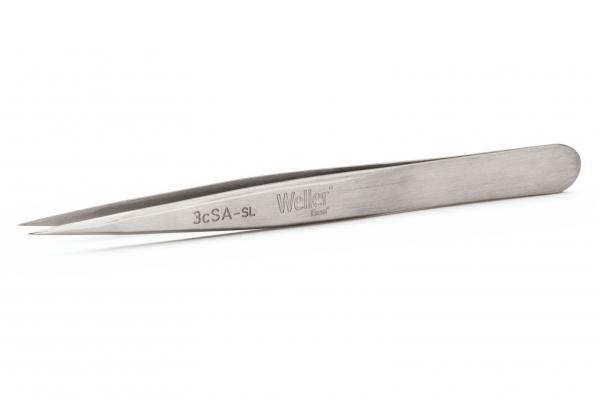 The image shows a pointed metallic tweezer. It has a smooth, matte surface and an elongated shape. There is a logo on the handle.