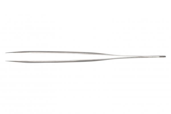 The image shows a long, narrow metal tweezer. It has two pointed jaws that meet, and a flat, straight base. The surface is shiny and reflective.