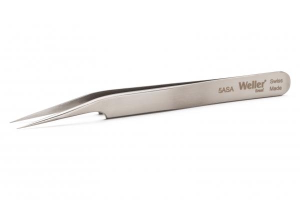 The image shows a narrow, metallic tweezer with pointed tips. It has a smooth surface and an engraving that displays the brand name "Weller" and "Swiss Made."