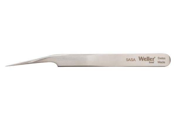 The image shows a narrow, long stainless steel tweezer with a pointed, slightly curved tip. The surface is shiny and features the engraving "Weller" as well as "Swiss Made".