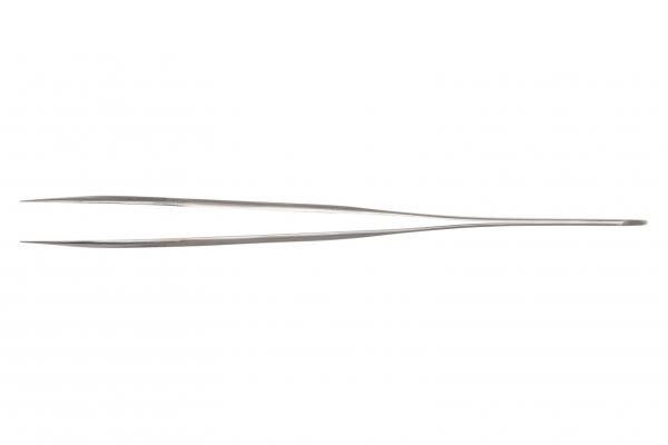 The image shows a long, slender stainless steel tweezer. It has two pointed gripping surfaces that can be opened and closed at the top end, and a straight, thin handle.