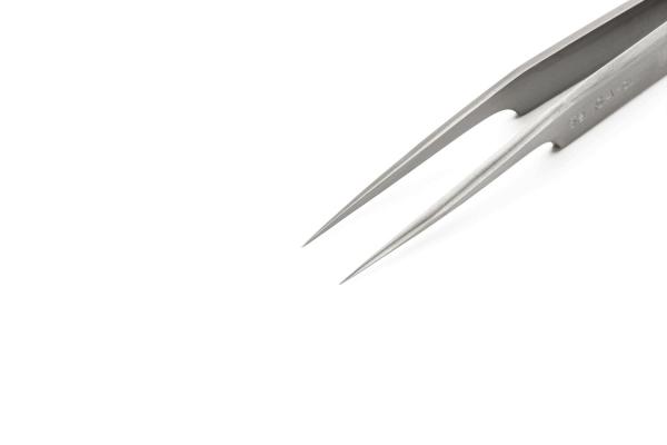 The image shows a metallic tweezer with two pointed ends. The background is white and unobtrusive, highlighting the tweezer in focus.