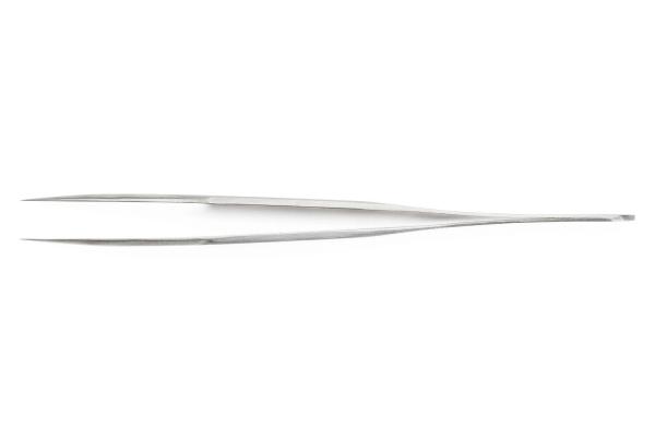 The image shows a long, narrow tweezer made of shiny metal. It has two pointed ends and a simple, elegant shape, ideal for precise gripping.