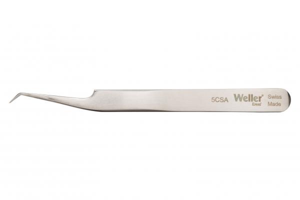 The image shows a stainless steel tweezer with a narrow, slightly curved tip. It has a flat, ridged surface for better grip and is labeled with the brand "Weller".