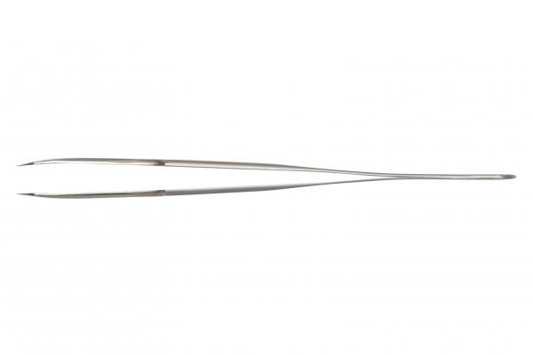 The image shows a long, slender pair of metal tweezers. It has two pointed tips and a narrow, straight handle. Ideal for gripping small objects.