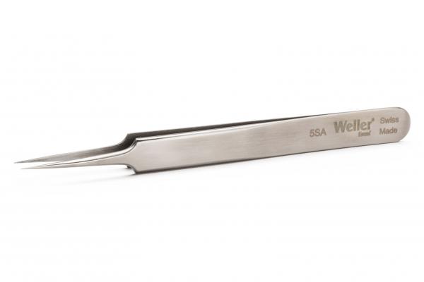 In the image, there is a long, narrow tweezer made of shiny metal. It features a sharp, pointed tip and a slightly curved shape, ideal for grasping fine objects.