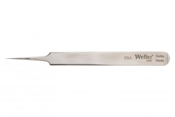 The image displays a narrow, shiny stainless steel precision tweezer with a long, pointed tip. It has a suitable shape for delicate tasks, labeled with "Weller".