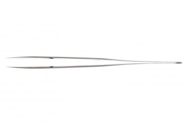 The image depicts a long, narrow pair of metal tongs. It has two pointed tips that taper at the upper end and have a flat, straight shape.