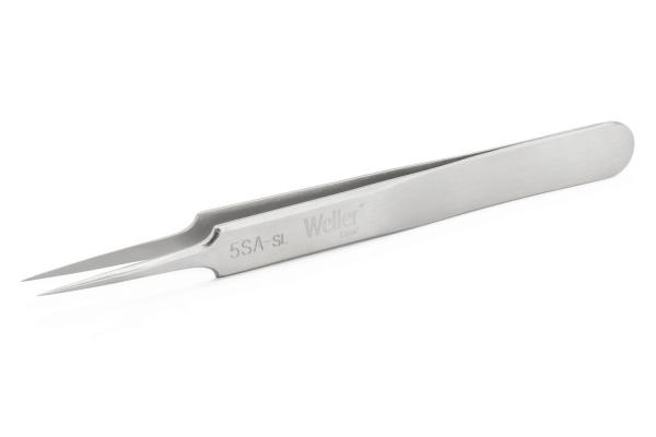 The image shows a narrow, straight stainless steel tweezer. It has a flat, wide grip side and two pointed ends suitable for picking up small objects.