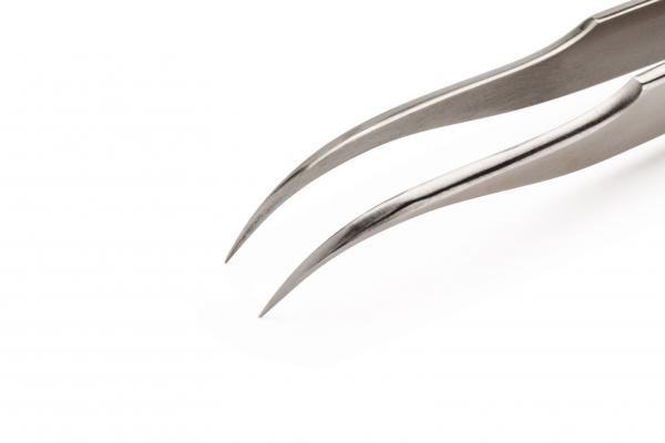 The image shows a narrow, pointed tweezer made of polished metal. It has two long, curved pincers that meet in the middle and are used for grasping small objects.