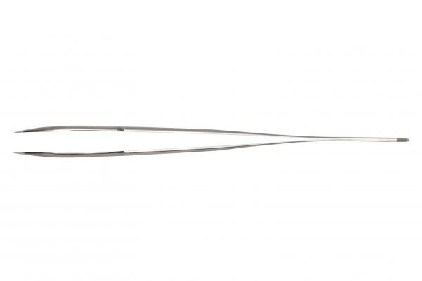 The image shows a long, narrow metal tweezer. It has sharp, slightly curved tips at both ends and a sleek, simple handle in the middle.