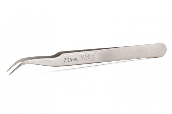 The image shows a sharp, curved tweezer made of stainless steel. It has a narrow, elongated shape and is shiny. One side is slightly beveled for precise gripping.