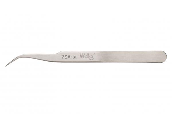 The image shows a straight, narrow metal tweezer with a slightly curved tip. It has a smooth surface and the inscription "7SA-s1 Welly" on the side.