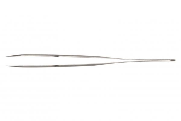 The image shows a long, narrow pair of metal tweezers. They have two pointed, separate tips and a slim handle. The surface is smooth and shiny.