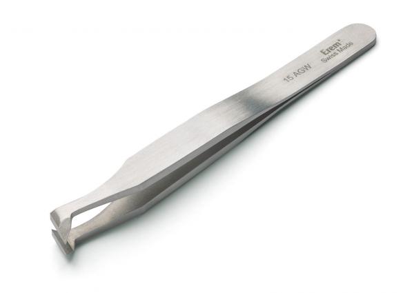 The image shows a straight, narrow tweezer made of stainless steel. It has a smooth surface and a pointed opening at the end that slightly drifts apart.