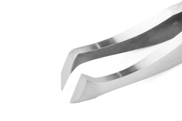 The image shows a curved pair of pliers made of shiny metal. The two ends are pointed and narrow, with a sharp edge suitable for gripping or holding objects.